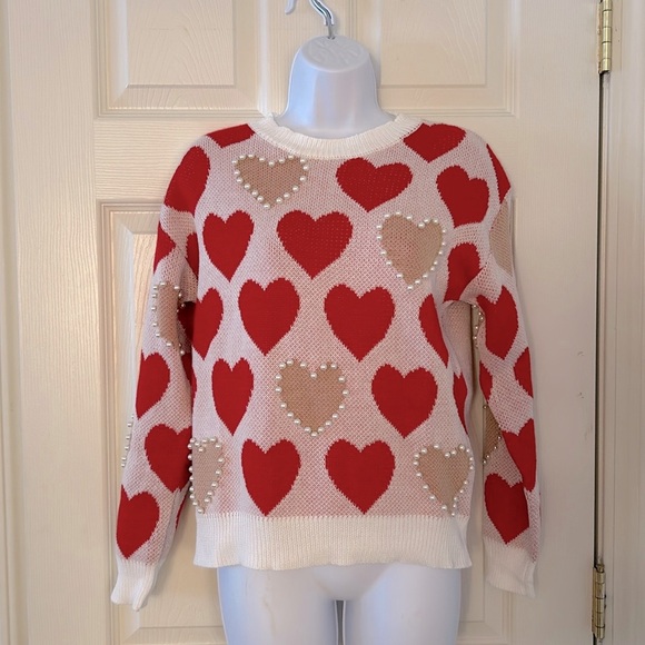 Sweaters - Red + Cream Pearl Heart Knit Sweater